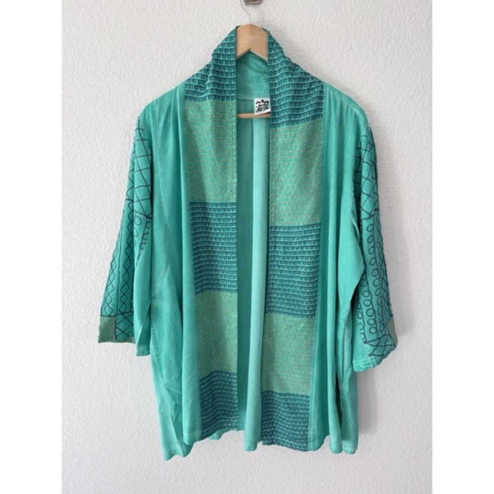 Parsley & Sage Embroidered Open Kaftan Jacket 1X Green Pockets Artsy Art To Wear
